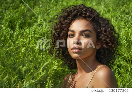 young woman on green grass 130177803