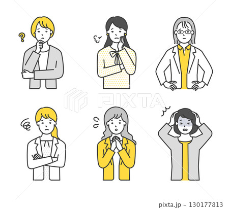 不安・困り顔の女性ビジネスパーソンのイラスト素材セット 不安・困り顔の女性ビジネスパーソンのイラスト素材セット 130177813