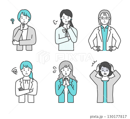 不安・困り顔の女性ビジネスパーソンのイラスト素材セット 不安・困り顔の女性ビジネスパーソンのイラスト素材セット 130177817