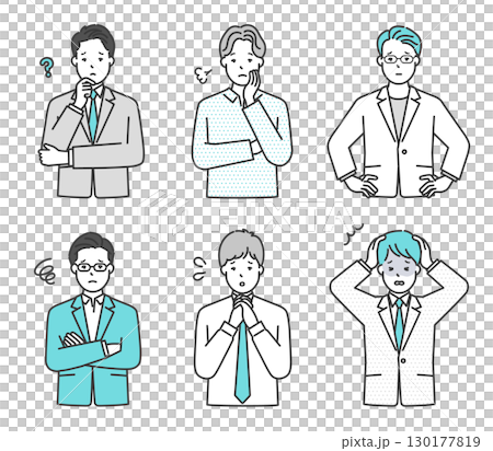 不安・困り顔の男性ビジネスパーソンのイラスト素材セット 不安・困り顔の男性ビジネスパーソンのイラスト素材セット 130177819