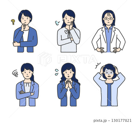 不安・困り顔の女性ビジネスパーソンのイラスト素材セット 不安・困り顔の女性ビジネスパーソンのイラスト素材セット 130177821