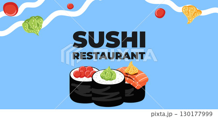Vector illustrated advertising web and desktop banner with Japanese cuisine, traditional Asian food including sushi and rolls, perfect for Asian restaurant branding, menu design, and promotional Vector illustrated advertising web and desktop banner with Japanese cuisine, traditional Asian food including sushi and rolls, perfect for Asian restaurant branding, menu design, and promotional 130177999