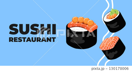 Vector illustrated advertising web and desktop banner with Japanese cuisine, traditional Asian food including sushi and rolls, perfect for Asian restaurant branding, menu design, and promotional Vector illustrated advertising web and desktop banner with Japanese cuisine, traditional Asian food including sushi and rolls, perfect for Asian restaurant branding, menu design, and promotional 130178006