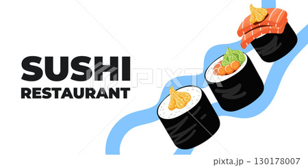 Vector illustrated advertising web and desktop banner with Japanese cuisine, traditional Asian food including sushi and rolls, perfect for Asian restaurant branding, menu design, and promotional Vector illustrated advertising web and desktop banner with Japanese cuisine, traditional Asian food including sushi and rolls, perfect for Asian restaurant branding, menu design, and promotional 130178007