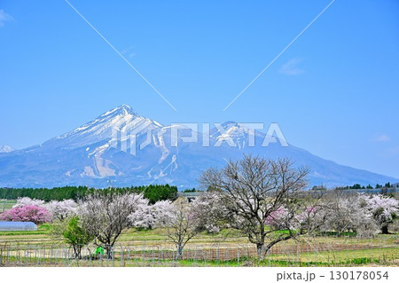 会津磐梯山と桜（福島県） 130178054