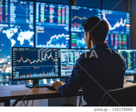 株価の推移を見つめる若いビジネスパーソン トレーダー 投資家 株価の推移を見つめる若いビジネスパーソン トレーダー 投資家 130178060
