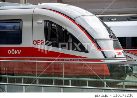 Modern trains at Linz Hauptbahnhof (Hbf), main train station in Linz, Austria 130178236