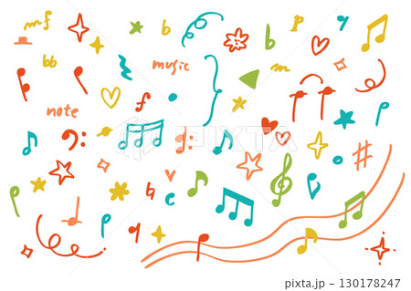 手描き風のカラフルな音符と楽譜記号セット — 音楽イラスト・ポップなアイコン素材 130178247