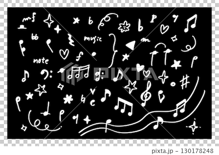 Set of white line musical notes and musical notation symbols against a black background - Hand-drawn monochrome music illustration 130178248
