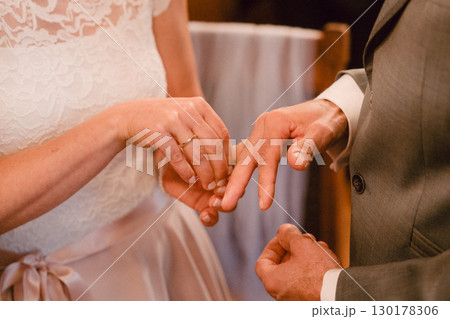 Close-up of a bride placing a ring on the grooms finger during a wedding ceremony. The image captures this significant exchange with elegance and emotion, highlighting the moment's importance Close-up of a bride placing a ring on the grooms finger during a wedding ceremony. The image captures this significant exchange with elegance and emotion, highlighting the moment's importance 130178306