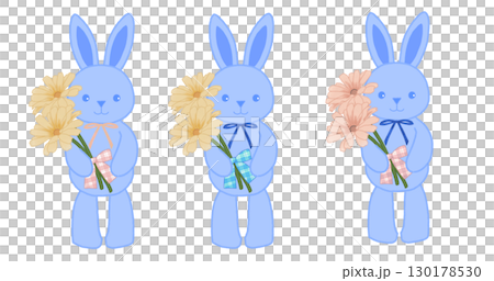 Illustration of a stuffed rabbit holding a bouquet of flowers 130178530