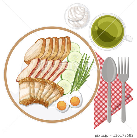 Traditional Asian Breakfast with Pork, Eggs, and Vegetables 130178592