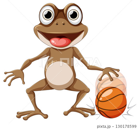 Cartoon Frog Dribbling Basketball on White Background Cartoon Frog Dribbling Basketball on White Background 130178599