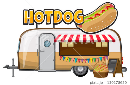 Retro Hot Dog Food Truck With Colorful Awning Retro Hot Dog Food Truck With Colorful Awning 130178620