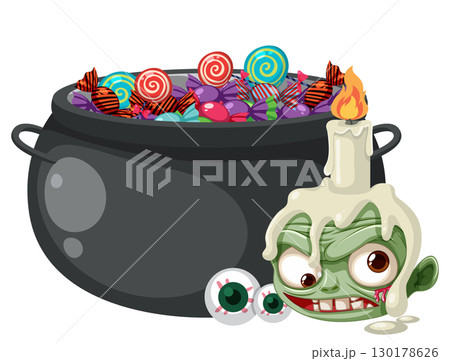 Halloween Candy Cauldron with Zombie Candle and Eyeballs Halloween Candy Cauldron with Zombie Candle and Eyeballs 130178626
