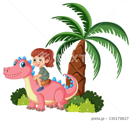Smiling Girl Riding Pink Dinosaur Near Palm Tree Smiling Girl Riding Pink Dinosaur Near Palm Tree 130178627