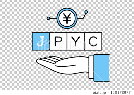 一名西裝革履的男子舉著一枚日圓硬幣，區塊鏈上寫著 JPYC 字母 130178977