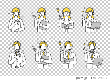 Simple image of male and female operators working in a call center wearing headsets. Illustration material set Simple image of male and female operators working in a call center wearing headsets. Illustration material set 130179025
