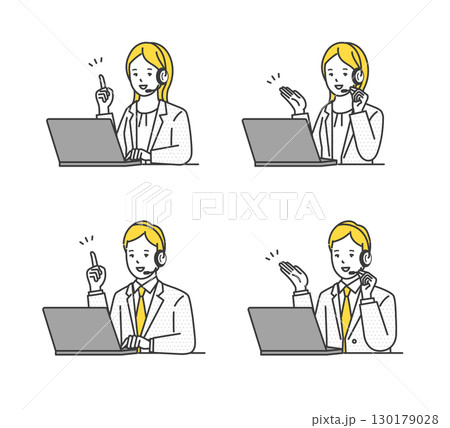 ヘッドセットをしてコールセンターで働く男女オペレーターのシンプルイメージ イラスト素材セット 130179028