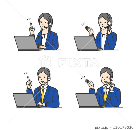 ヘッドセットをしてコールセンターで働く男女オペレーターのシンプルイメージ イラスト素材セット ヘッドセットをしてコールセンターで働く男女オペレーターのシンプルイメージ イラスト素材セット 130179030