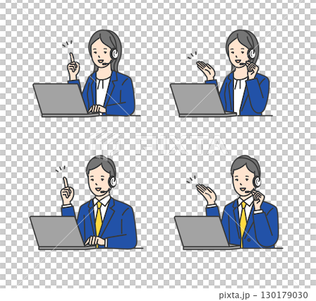 ヘッドセットをしてコールセンターで働く男女オペレーターのシンプルイメージ イラスト素材セット ヘッドセットをしてコールセンターで働く男女オペレーターのシンプルイメージ イラスト素材セット 130179030