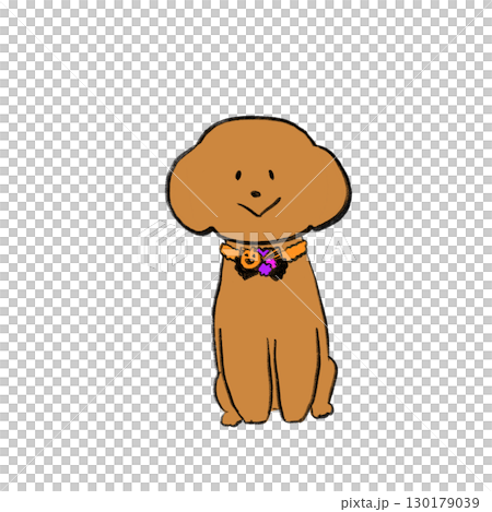 Illustration of a dog wearing a Halloween scrunchie and sitting facing forward Illustration of a dog wearing a Halloween scrunchie and sitting facing forward 130179039