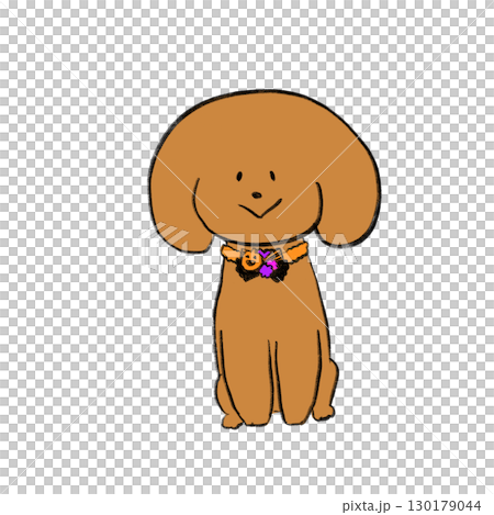 Illustration of a dog wearing a Halloween scrunchie and sitting facing forward Illustration of a dog wearing a Halloween scrunchie and sitting facing forward 130179044