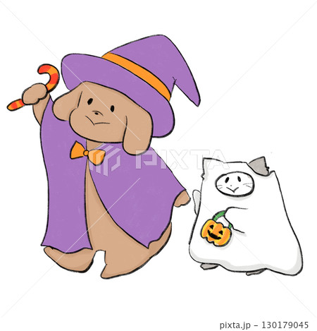 ハロウィンの仮装をしたゆるい犬と猫の線画イラスト 130179045