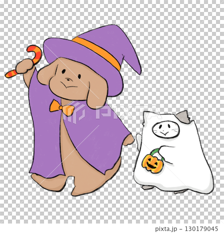 ハロウィンの仮装をしたゆるい犬と猫の線画イラスト 130179045