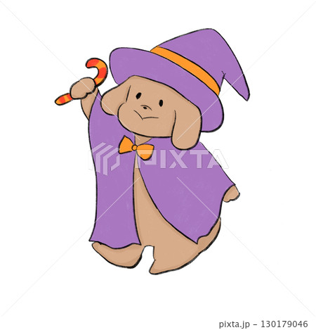 ハロウィンの仮装をしたゆるい犬の線画イラスト 130179046