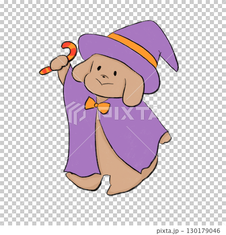 ハロウィンの仮装をしたゆるい犬の線画イラスト 130179046