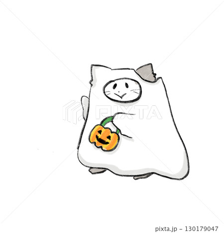 ハロウィンの仮装をしたゆるい猫の線画イラスト 130179047