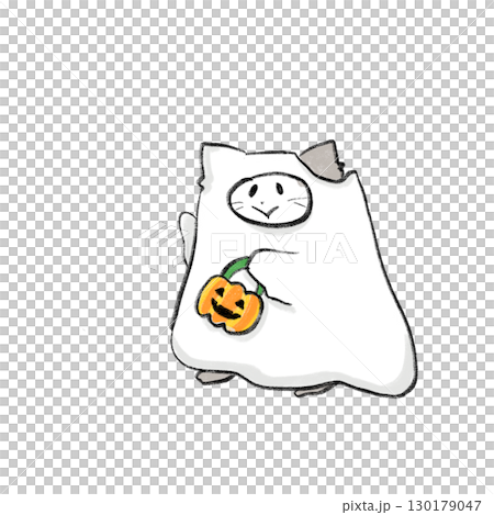 萬聖節裝扮的可愛貓咪的線條畫插圖 130179047