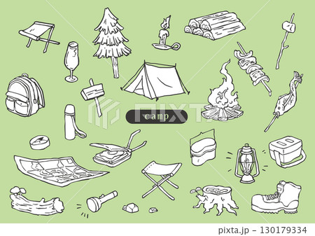 おしゃれなキャンプのアウトドア用品のイラスト 130179334