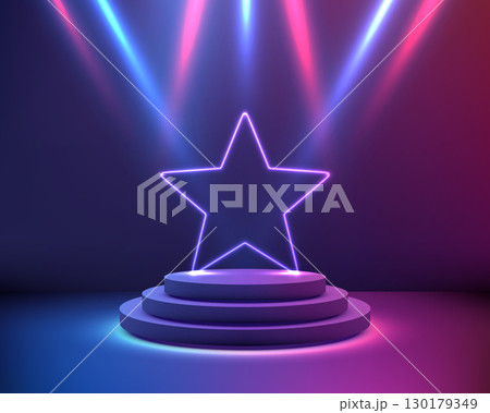 neon star stage with glowing spotlights on circular podium platform award ceremony concept vibrant showcase for modern product display neon star stage with glowing spotlights on circular podium platform award ceremony concept vibrant showcase for modern product display 130179349