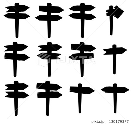 Silhouette of Wooden Directional Signpost with Arrows Set Silhouette of Wooden Directional Signpost with Arrows Set 130179377