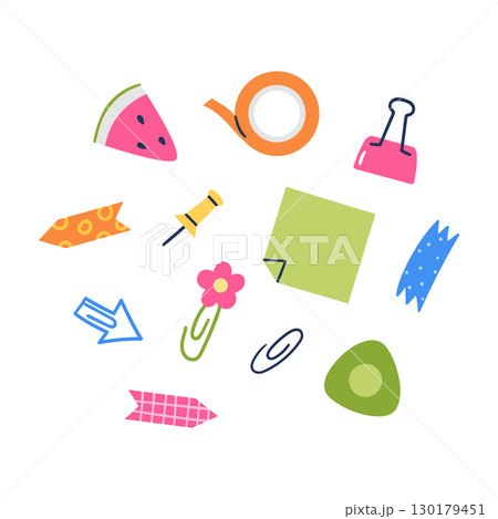 Collection of stationery. Tape, paper clips, erasers and sticky notes. Hand drawn vector illustration. 130179451