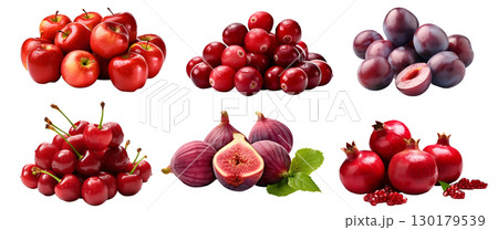 Collection of red purple maroon fruits in pile, apple, cherry, cranberry, fig, plum, pomegranate on transparent background cutout, PNG file. Mockup template for artwork design Collection of red purple maroon fruits in pile, apple, cherry, cranberry, fig, plum, pomegranate on transparent background cutout, PNG file. Mockup template for artwork design 130179539