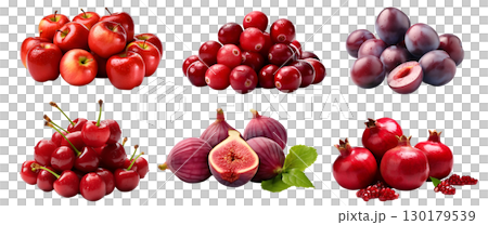 Collection of red purple maroon fruits in pile, apple, cherry, cranberry, fig, plum, pomegranate on transparent background cutout, PNG file. Mockup template for artwork design Collection of red purple maroon fruits in pile, apple, cherry, cranberry, fig, plum, pomegranate on transparent background cutout, PNG file. Mockup template for artwork design 130179539