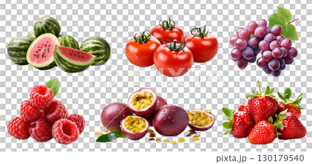 Collection of red purple maroon fruits in pile group, watermelon, tomato, raspberry, passionfruit, red grape, strawberry on transparent background cutout, PNG file. Mockup template for artwork design 130179540