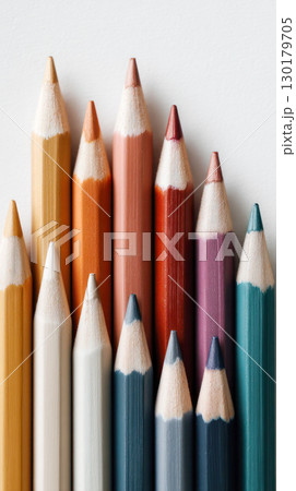 Colorful assortment of sharpened colored pencils arranged in a neat row on a clean surface, showcasing vibrant hues and artistic potential 130179705