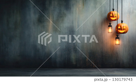 Halloween pumpkins with glowing faces hanging beside vintage lanterns against a textured dark wall, creating a spooky festive atmosphere Halloween pumpkins with glowing faces hanging beside vintage lanterns against a textured dark wall, creating a spooky festive atmosphere 130179743