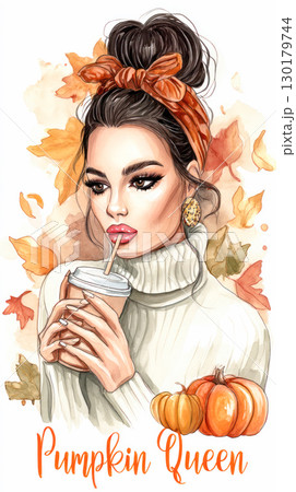 Young woman enjoying a pumpkin spice drink while surrounded by autumn leaves and pumpkins, embodying the cozy Halloween spirit and seasonal charm Young woman enjoying a pumpkin spice drink while surrounded by autumn leaves and pumpkins, embodying the cozy Halloween spirit and seasonal charm 130179744