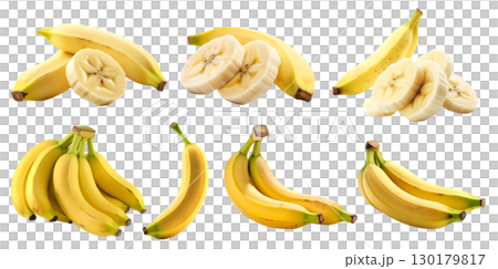 Yellow banana bananas, many angles and view side top front sliced bunch cut isolated on transparent background cutout, PNG file. Mockup template for artwork graphic design 130179817