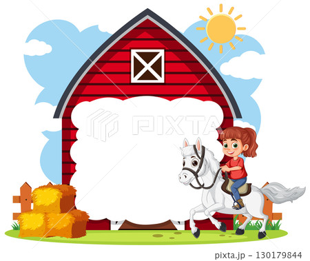 Girl Riding Horse Near Red Barn Girl Riding Horse Near Red Barn 130179844