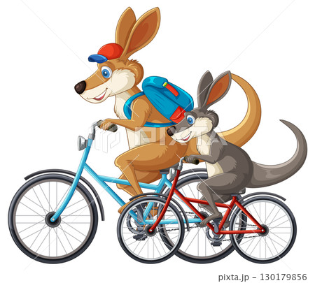 Kangaroo Parent and Child Riding Bicycles Together Kangaroo Parent and Child Riding Bicycles Together 130179856