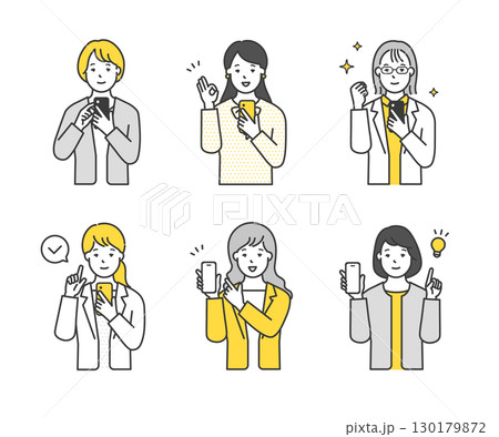 笑顔でスマホを持つ・操作する女性ビジネスパーソンのシンプルイメージ イラスト素材 130179872