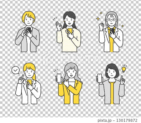 笑顔でスマホを持つ・操作する女性ビジネスパーソンのシンプルイメージ イラスト素材 130179872