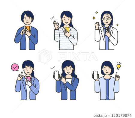 笑顔でスマホを持つ・操作する女性ビジネスパーソンのシンプルイメージ イラスト素材 130179874