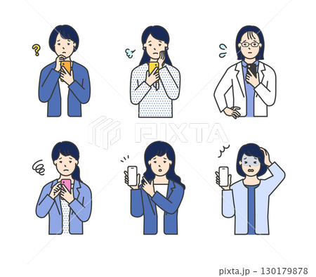 不安顔でスマホを持つ・操作する女性ビジネスパーソンのシンプルイメージ イラスト素材 130179878